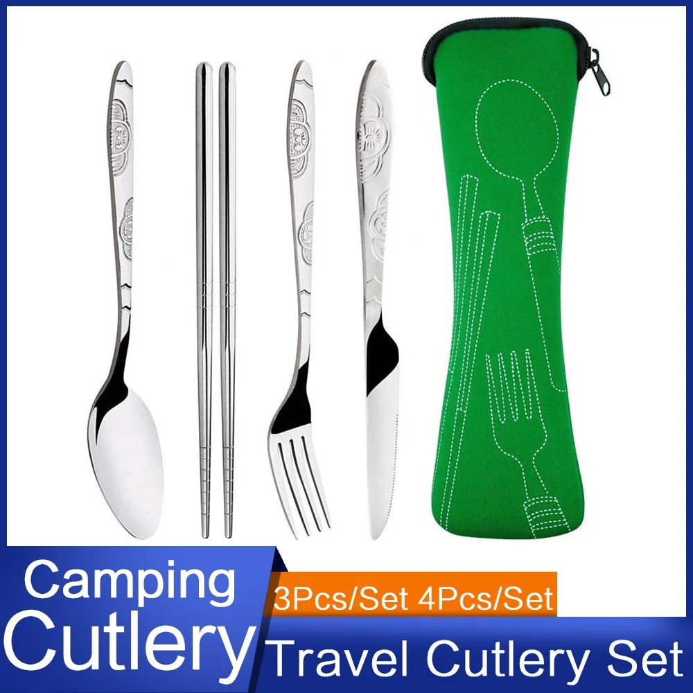 Dinnerware Portable Printed Stainless Steel Spoon Fork Chopsticks Steak Knife Set Travel Cutlery Tableware With Bag picnic cutlery set western style cutlery set picnic tableware camping cutlery set stainless steel cutlery set cutlery set