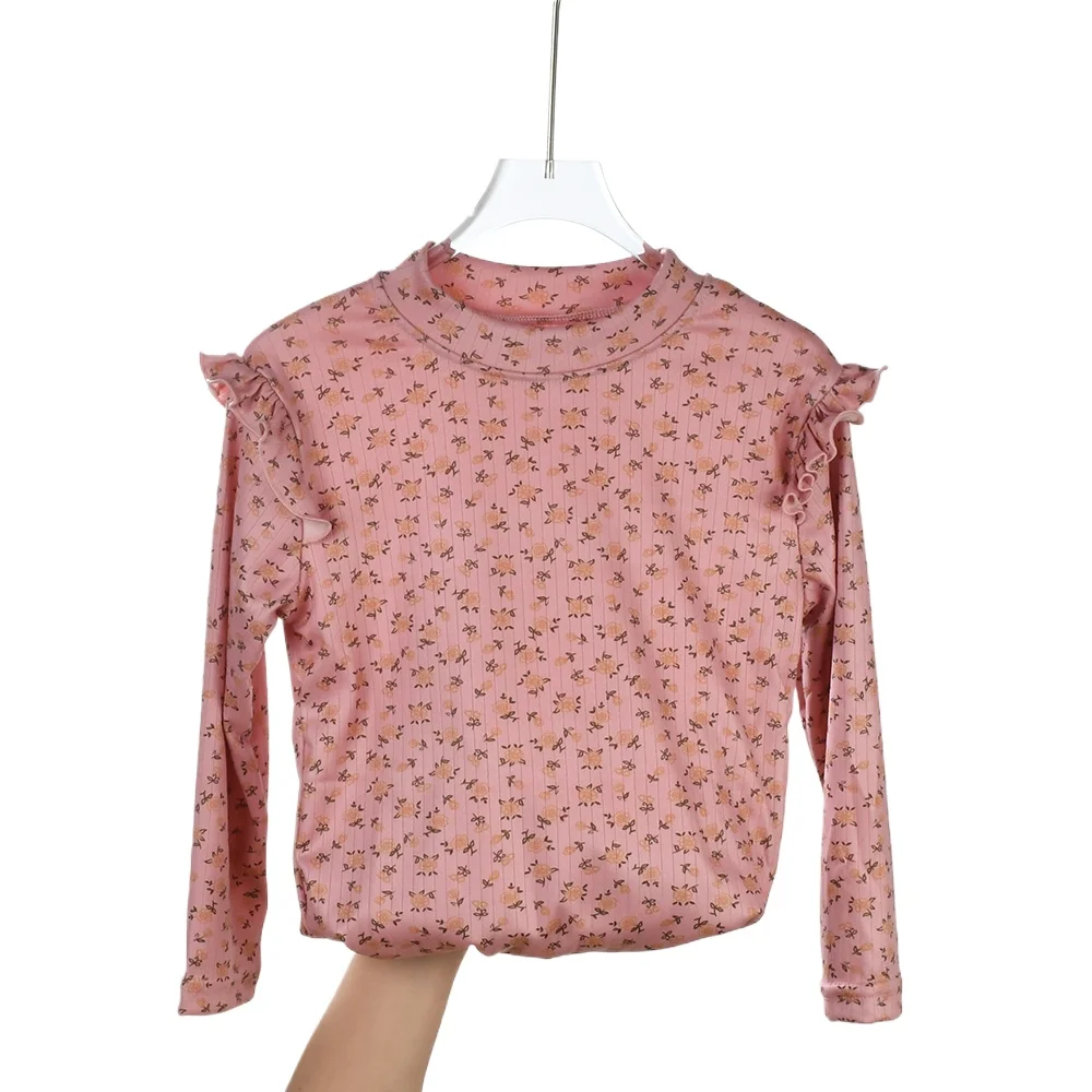 ربيع الخريف الفتيات كشكش طوق الأزهار قميص مطبوع الأطفال الصلبة مضلع قاع قميص طفل رضيع عادية القطن تيز الملابس