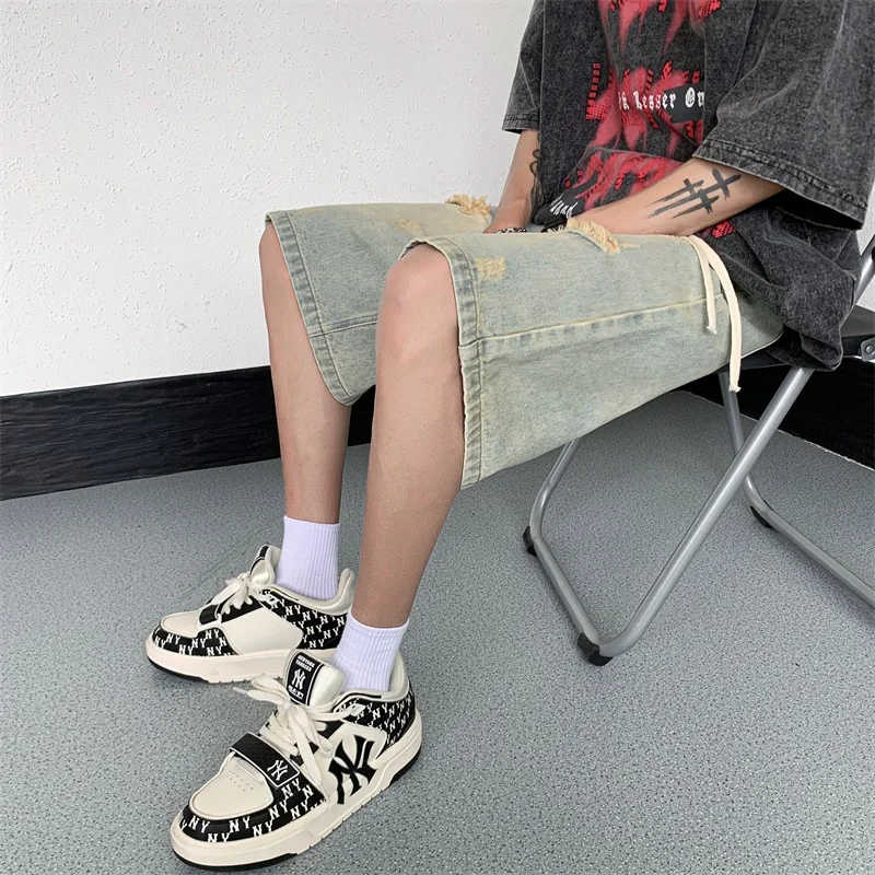 Men Jeans Shorts Ripped Summer Japanese Hip Hop Streetwear Harajuku Denim Bermuda