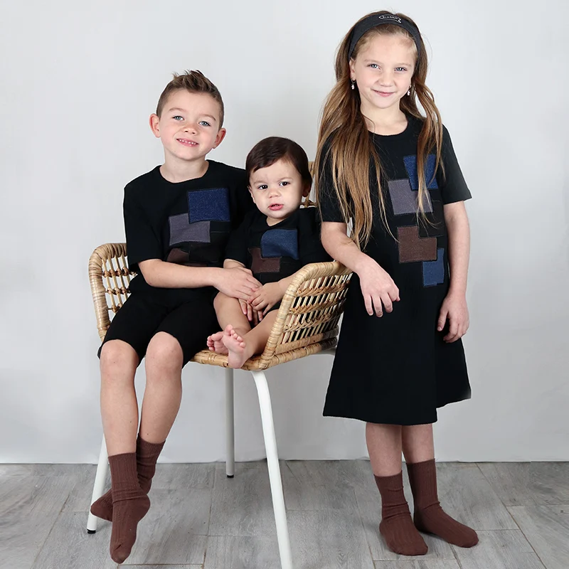 Mädchen kleid sommer kurze ärmel und lange hülse kinder kleidung mädchen kleider kinder kleidung schwarz denim patch kleid rundhals – Detail 5
