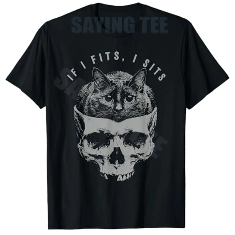 Wenn es passt, sitze ich – Schwarzes Katzenschädel-T-Shirt mit minimalistischem Meme-Humor, Y2K Skelett-Kätzchen Gothic Spruch Tee, Neuheit Geschenk Streetwear