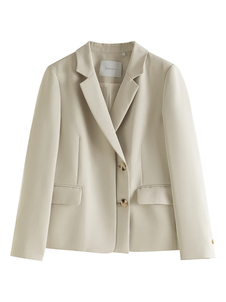 ZIQIAO Beige Grey Temperament Women Notched Collar Suits Double-fly Office Lady Single-breasted Blazer Polyester Women Coat