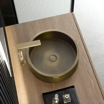 Nordic สแตนเลสห้องน้ําอ่างล้างมือในครัวเรือนระเบียงอ่างล้างหน้าเดี่ยวโรงแรมอ่างล้างหน้าทองแดงโบราณเคาน์เตอร์อ่างล้างหน้า 1