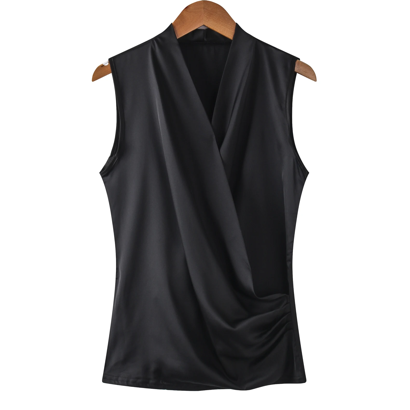 New Smooth Satin Female Sleeveless Blouse V-neck Top Slim Fit Outside Shirts