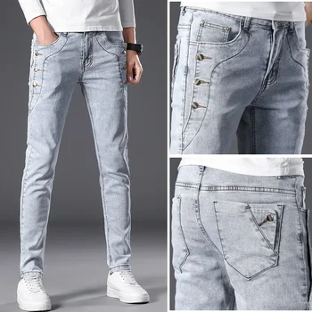 Trendy Korean Style Men's Jeans Mid Waist Slim Fit Denim Long Pants Casual Scenario Nine Points Length Adjustment