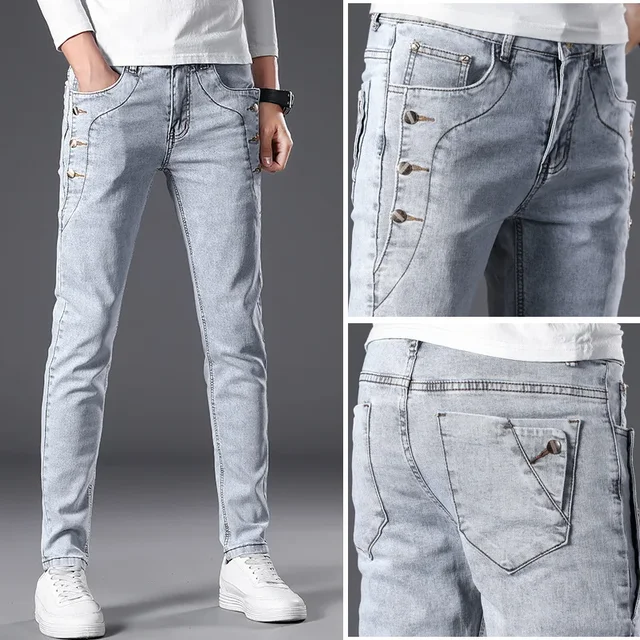 Trendy Korean Style Men's Jeans Mid Waist Slim Fit Denim Long Pants Casual Scenario Nine Points Length Adjustment