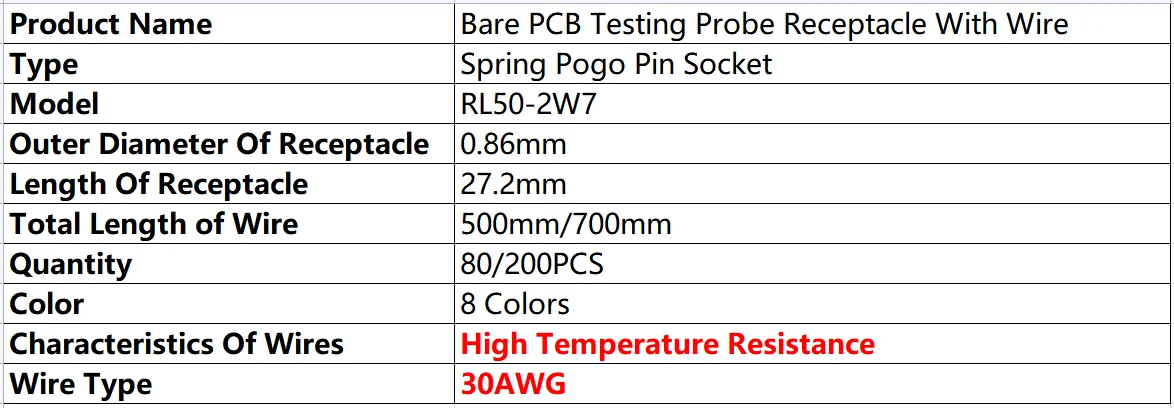 Buchse RL50-2W7, Länge 27,2 mm, Durchmesser 0,86 mm, Federprüfspitze, Teststift, Buchse, PCB, Pogo-Pin, vorverdrahtet, mit 30 AWG-Draht, 500 mm, 700 mm – Detail 1