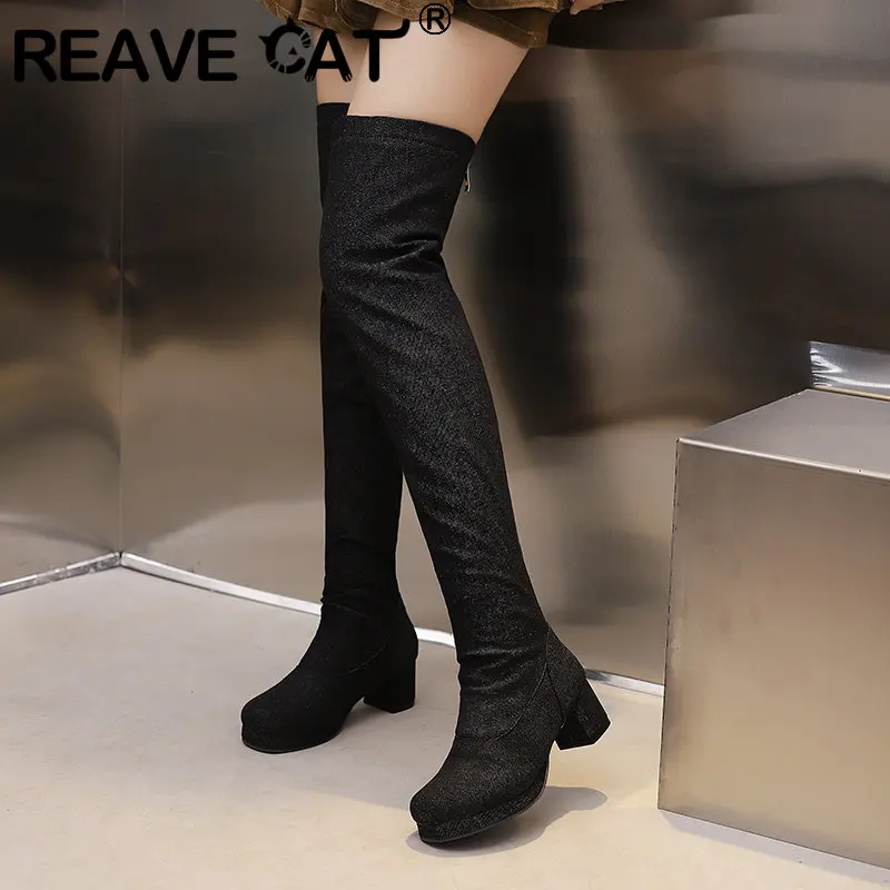 

REAVE CAT Women Denim Thigh Boots Round Toe Block Heel 5cm Platform Zipper Large Size 46 47 48 Sexy Party Female Stretch Booties