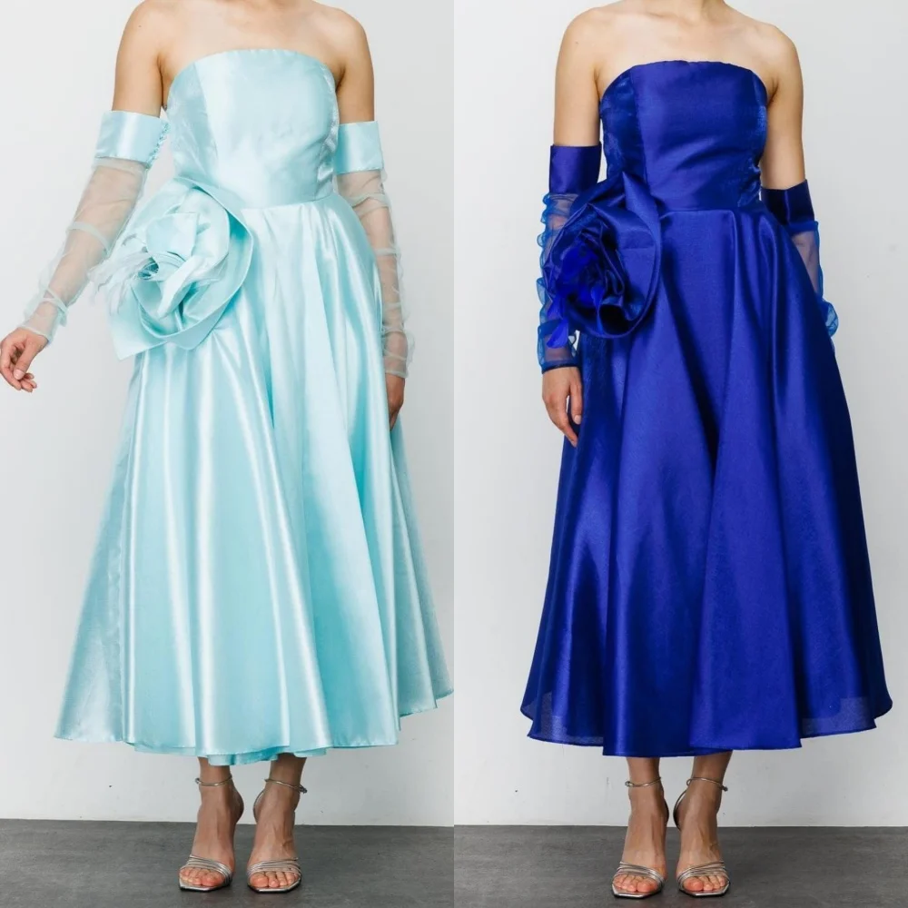 

Prom Dress Satin Flower Ruched Celebrity A-line Off-the-shoulder Bespoke Occasion Gown Midi Dresses Evening Saudi Arabia