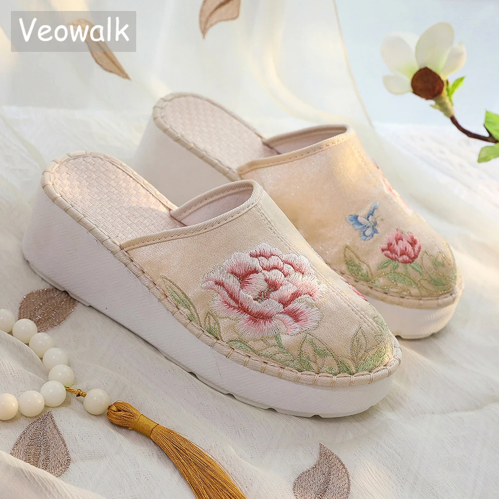 Veowalk Chinese Embroidery Women Flock Cotton Wedge Mules Slippers Summer Autumn Light Weight Soft Comfortable Platform Shoes