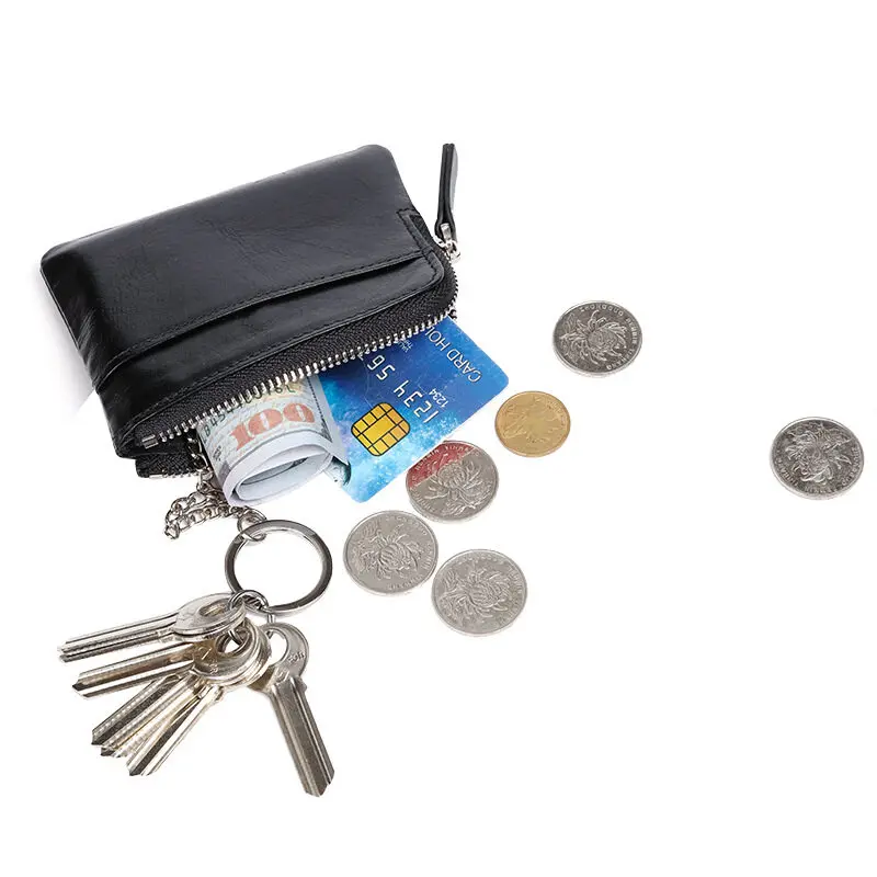 Retro Genuine leather Mens and Women Small Keys Bag Zipper Coin Purse Credit Card Holder Mini Wallet with Key Ring Keychains