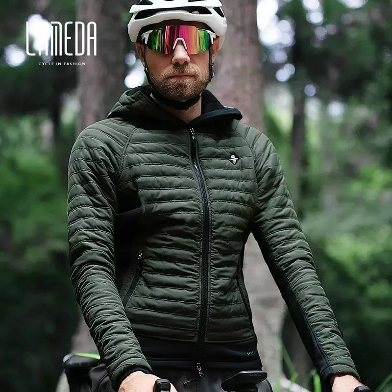 Lameda冬男性のサイクリングジャケット防風熱フリースダウンコートフード付きバイク自転車服コールドプルーフウインドブレーカーフグ