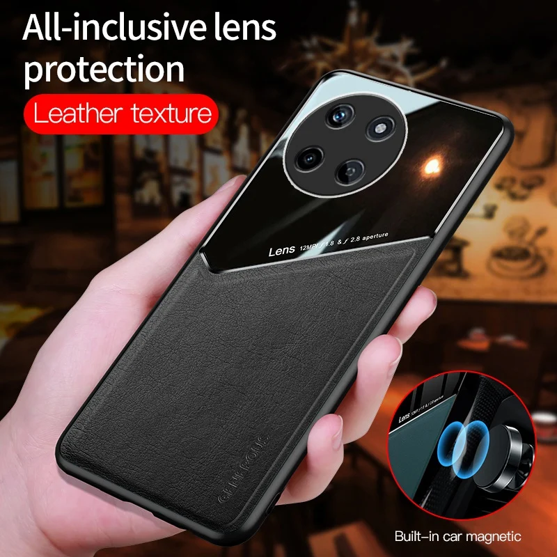 럭셔리 PU 가죽 휴대폰 케이스, Realme 11 4G 후면 커버 실리콘 자동차 거치대 충격 방지 전체 보호 케이스, Realme11 Coque