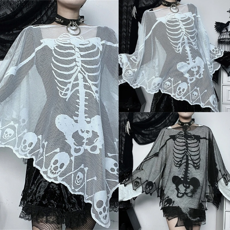 

Halloween Theme Party Skull Lace Shawl for Female See Through Skeleton Cape Women Gothic Party Accessories Stage Props