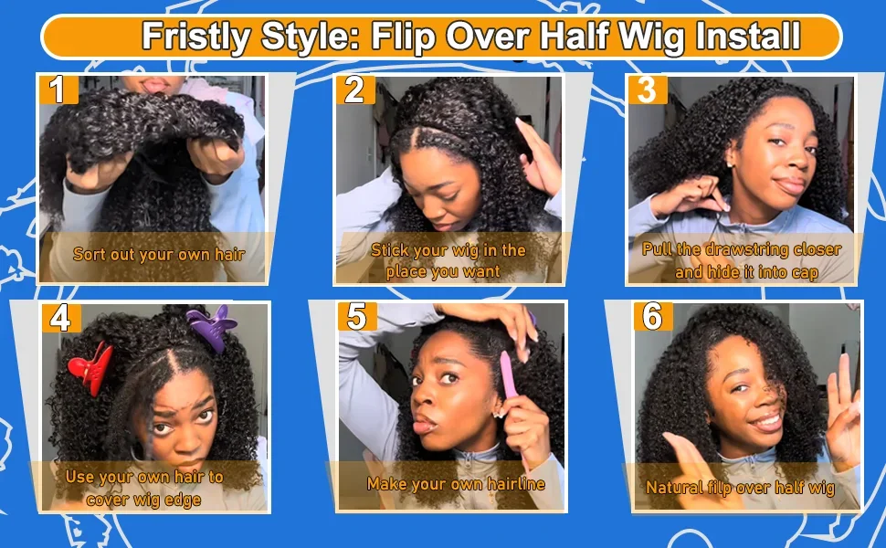 3-in-1 200% Dichte Kinky Curly Halbperücke mit Kordelzug, kleberlose Perücke aus Echthaar, unsichtbare Haarlinie, anfängerfreundlich für Frauen – Detail 4