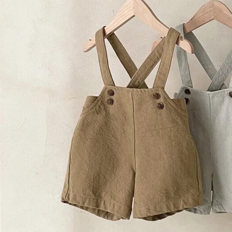 New Summer Baby Girl Boy Loose Overalls Solid Color Adjustable Button Straps Short Pants Fashion Newborn Clothes E54943