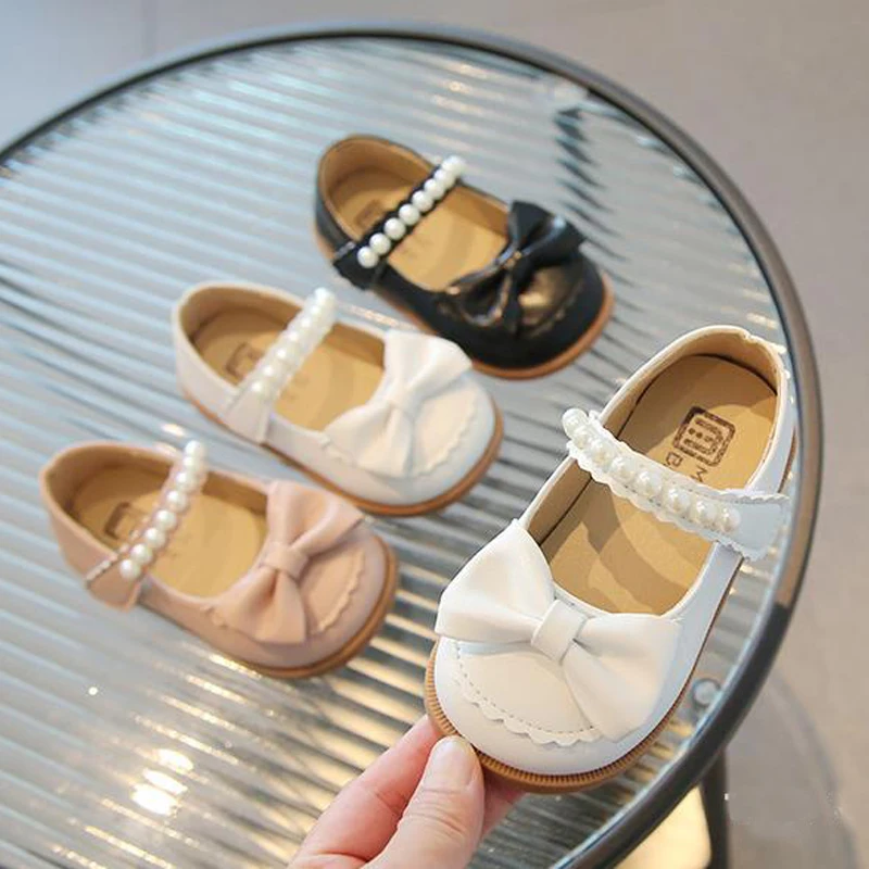 Girls Leather Shoes Children Leather Casual Shoes for Toddlers Little Girls Infants Spring Autumn New Princess Pearls Bowtie