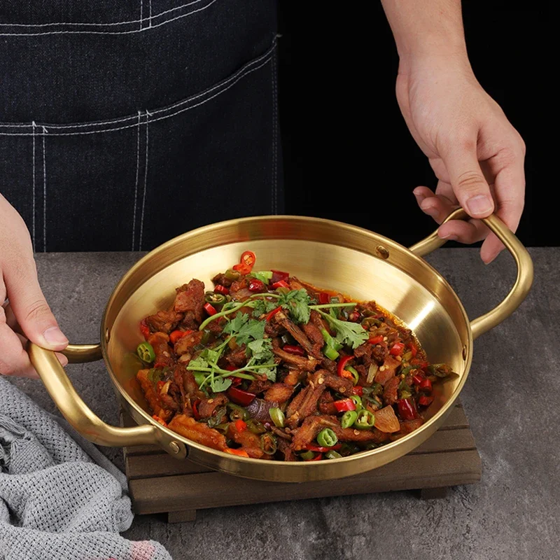 Stainless steel Spanish seafood cooker Korean fried chicken plate Golden Army hotpot Thickened double ear flat bottom dry pan