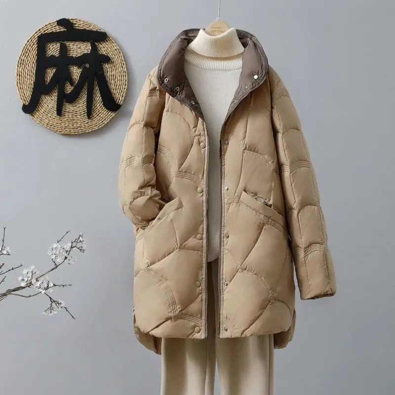 

Woman White Duck Down Overcoat Jacket Female Mid-Length 2023 Winter New Style Loose Clothes Thick Warm Jacket Outerwear G792