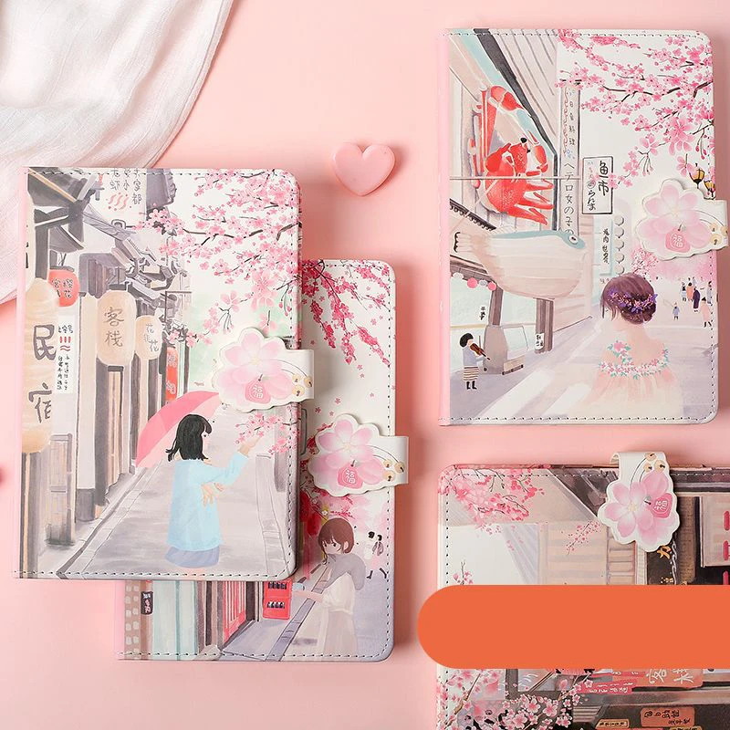 

New 256 Page Japanese Sakura Cute Cat Notebook Magnetic Buckle Color Page Student Manual Ledger A5 Notepad Diary Book Kawaii