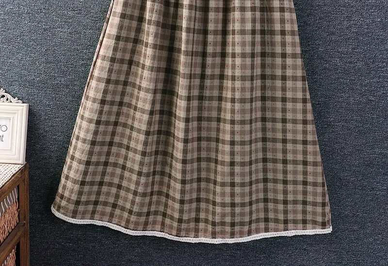 Mori Girl Cotton and Linen Skirt for Women, Elastic Waist, Plaid Vintage Skirt, Casual Loose A-line Skirts, Spring, Japan Style