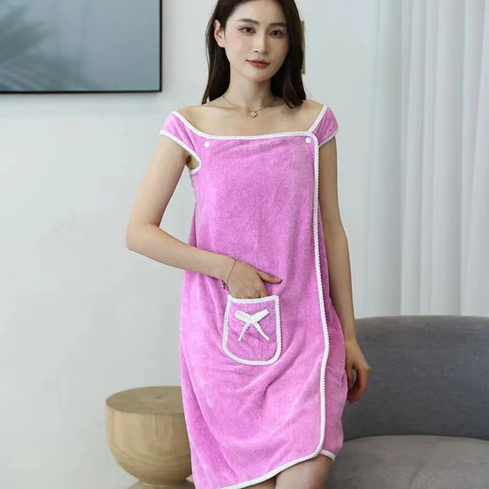 Women Microfiber Bathrobe Soft Coral Fleece Bath Towel Wrap with Adjustable Button Closure Unisex Pocket Water for Shower