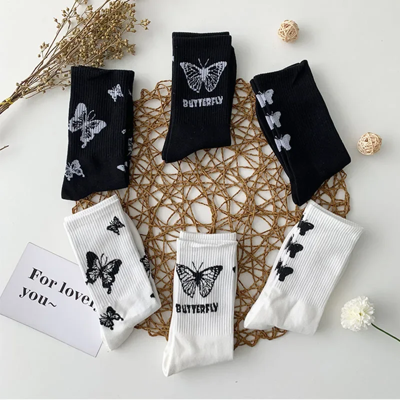 

New Women's Kawaii Cotton Butterfly Socks for Women Black and White Harajuku Medium Tube Cartoon Socks for Women