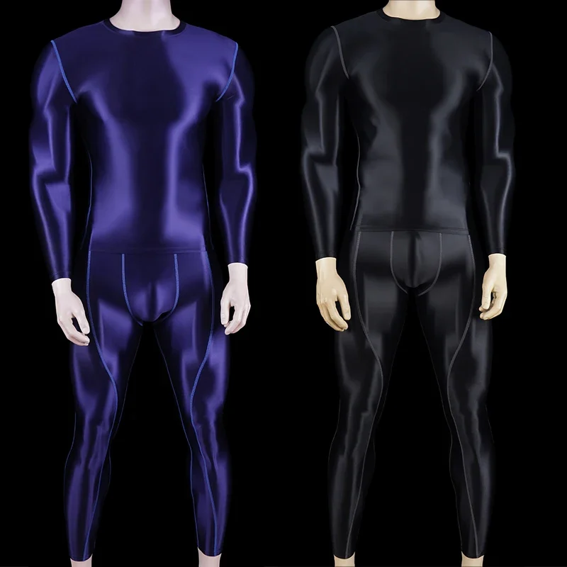 sexy Men Tracksuits Sets Tights Tops + Leggings Shiny Glossy Sports Fitness Running Cycling All-purpose body suits