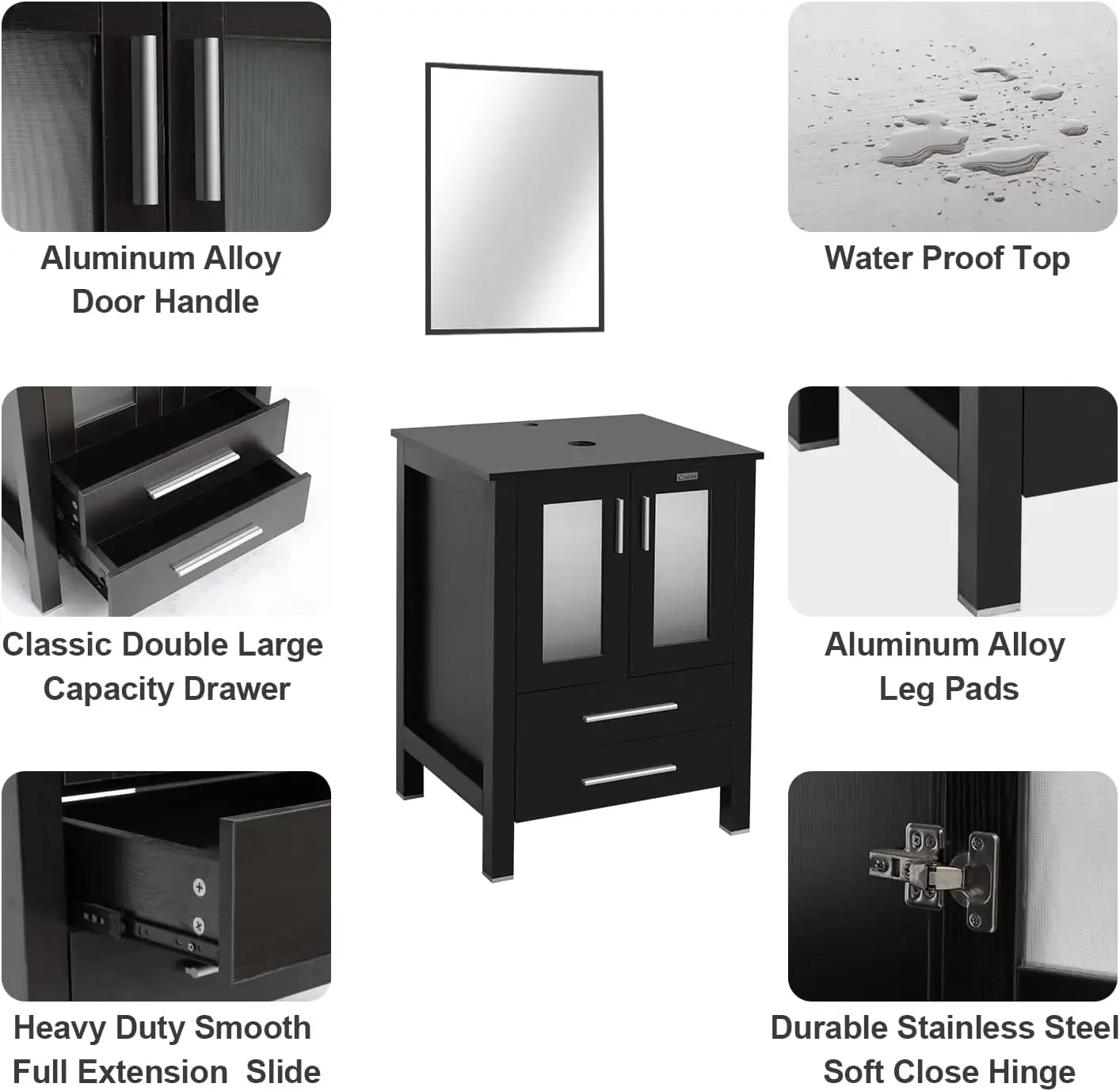 24" Modern Bathroom Vanity Sink Combo Black Stand Cabinet with Blue Boat Tempered Glass Vessel Sink & Water Save Faucet 4