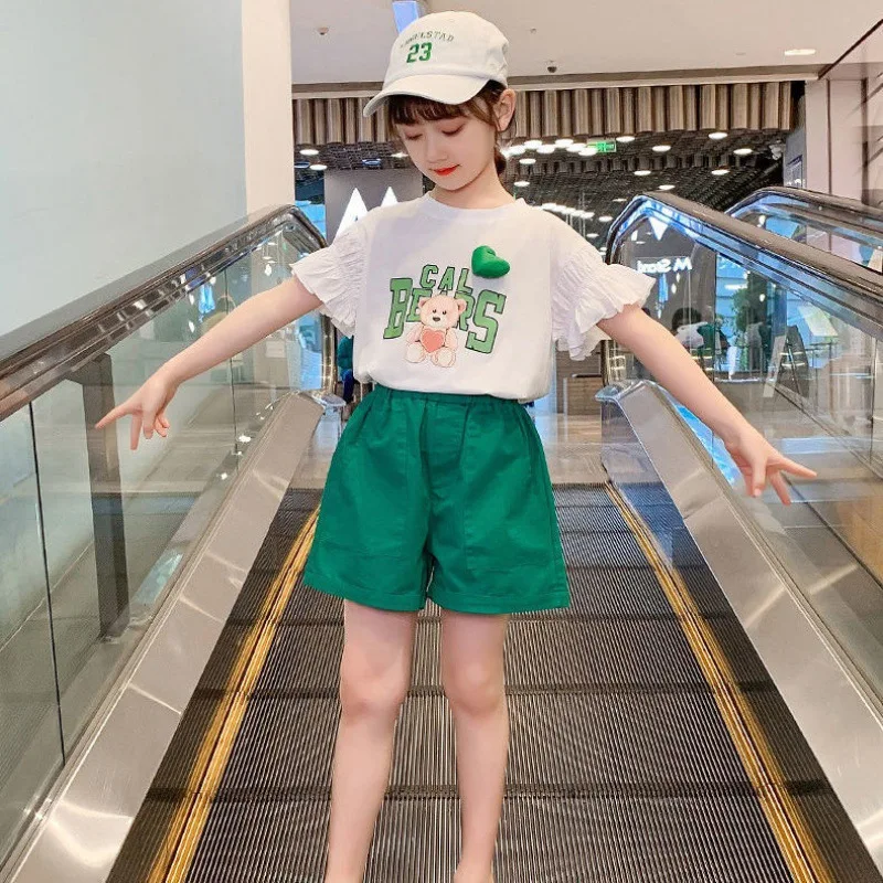 

Summer Girls Alphabet Cartoon Ruffled Sleeves T-shirt Tops+Short Pants Set School Kids Tracksuit Children Outfit Suit 3-16 Years