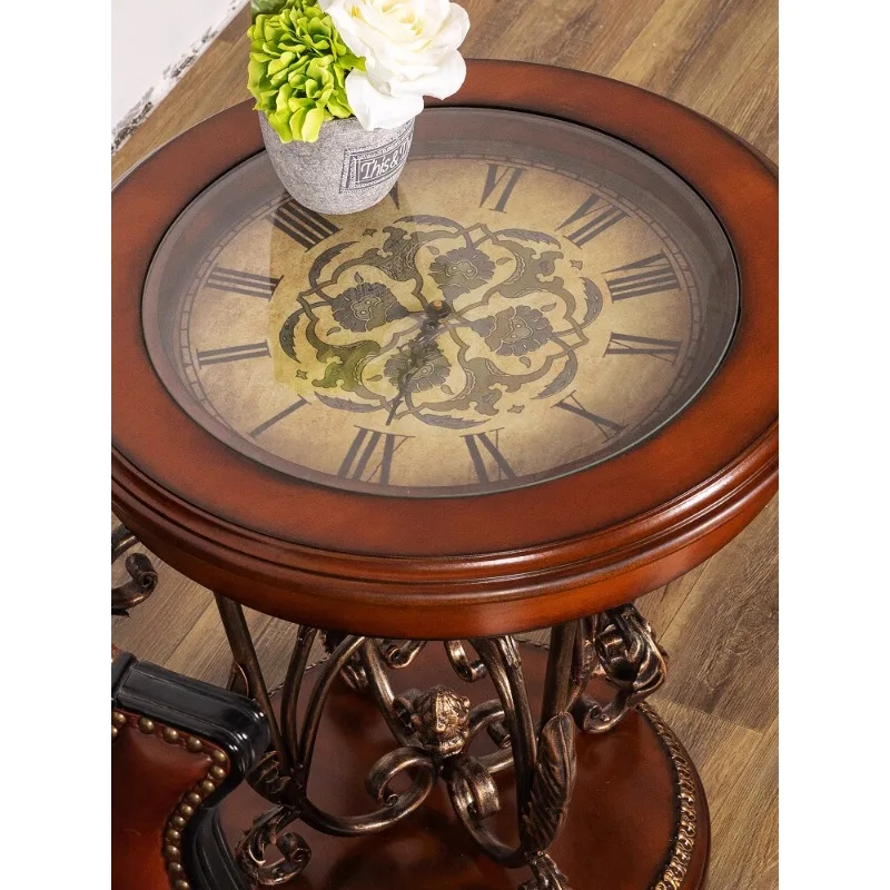 Maillard caramel color American sofa edge several European solid wood small round table painted corner several metal retro coffe
