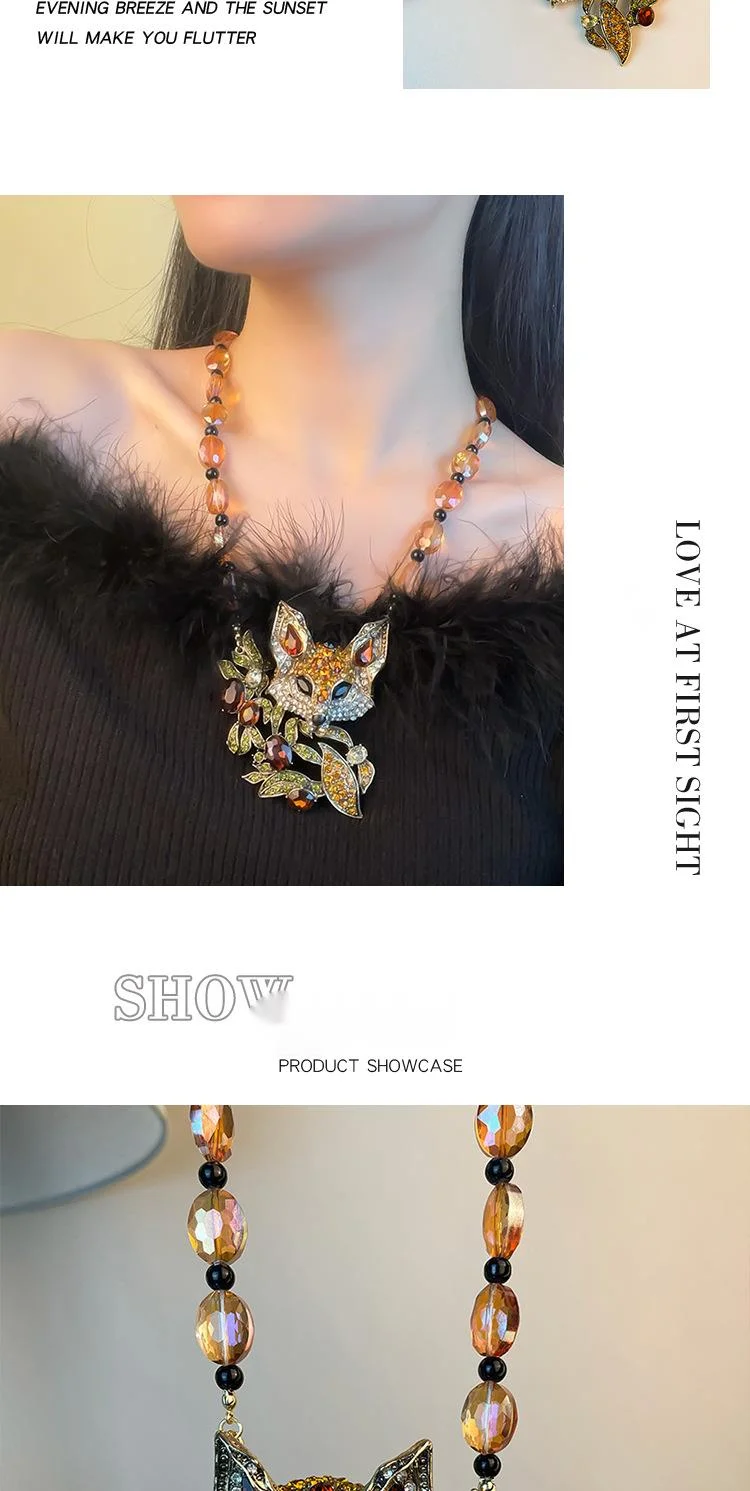 Exaggerated Diamond Studded Personalized Necklace, Three-dimensional Unique Crystal Neck Decoration, Cute Little Fox Sweater Chain Accessories_voghion.com