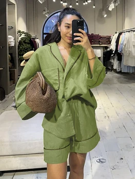 Marthaqiqi Cotton Women'S Nightwear Suit Sexy Turn-Down Collar Sleepwear Long Sleeve Pajamas Casual Summer Ladies Nightgowns Set