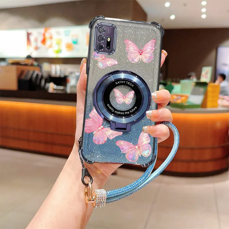 Glitter Pink Butterfly Phone Holder Case with Diamonds Strap Lanyard