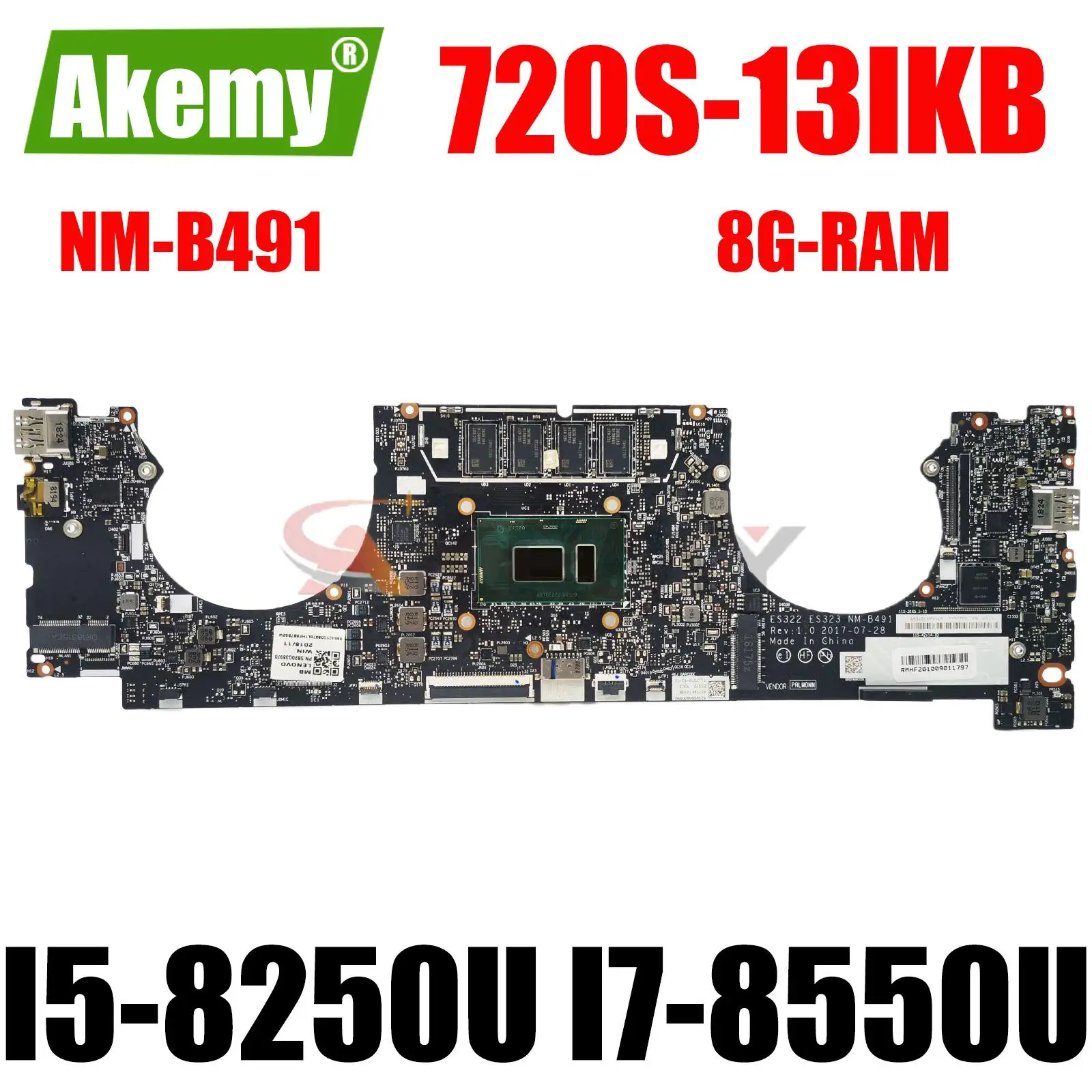 

For Lenovo Ideapad 720S-13IKB Laptop motherboard NM-B491 8GB-RAM I5-8250U I7-8550U 100% tested work