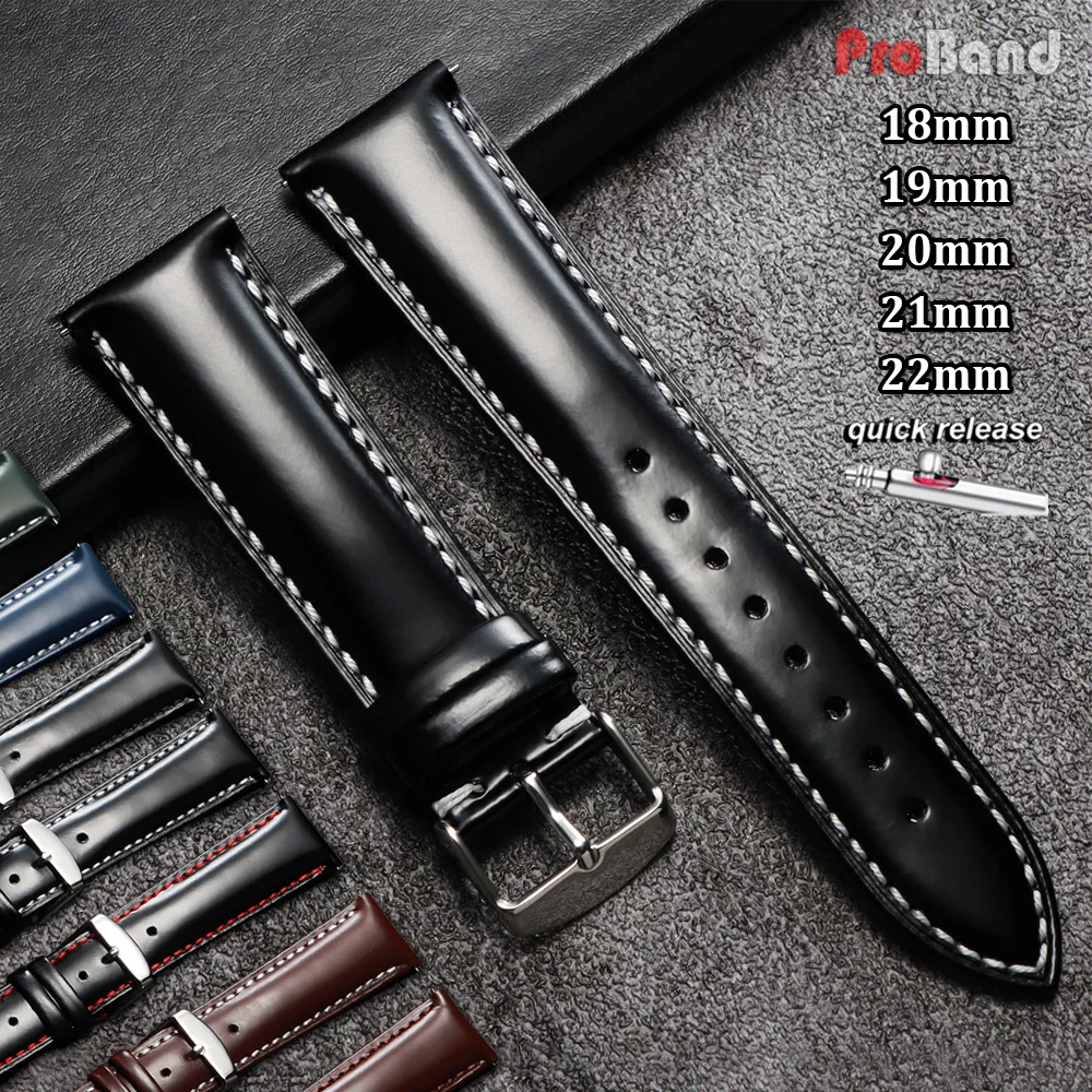 Glossy Stitching Leather Watchband - Quick Release, Waterproof, Unisex Design