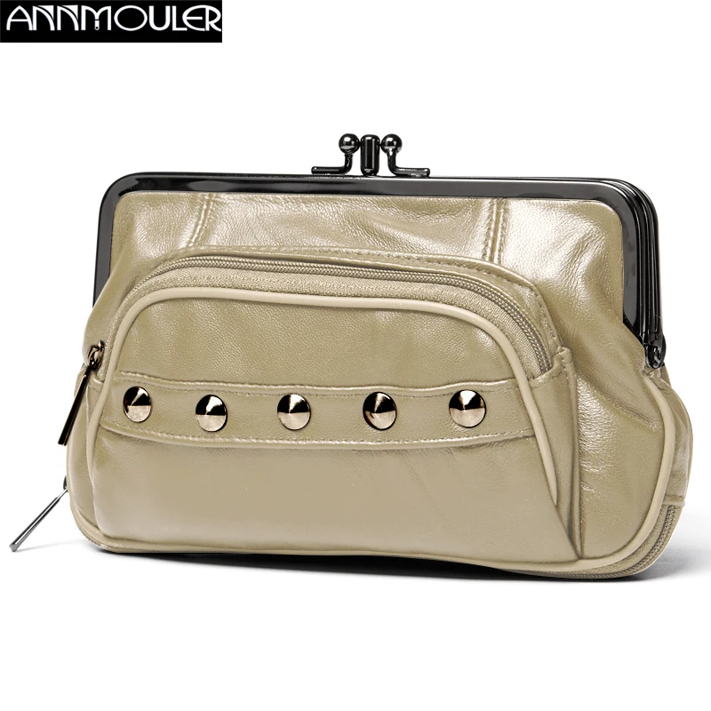 

Annmouler 2022 New Designer Women Wallets Genuine Leather Coin Purse Sheepskin Change Card Holder Khaki Money Bag Rivet Bag