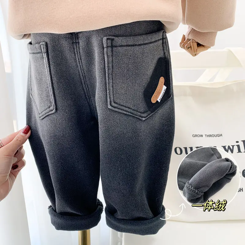 

Children's Velvet Pants Children 2022 New Boys' Single-Layer Fleece-Lined Jeans Autumn and Winter Baby Loose Casual Pants