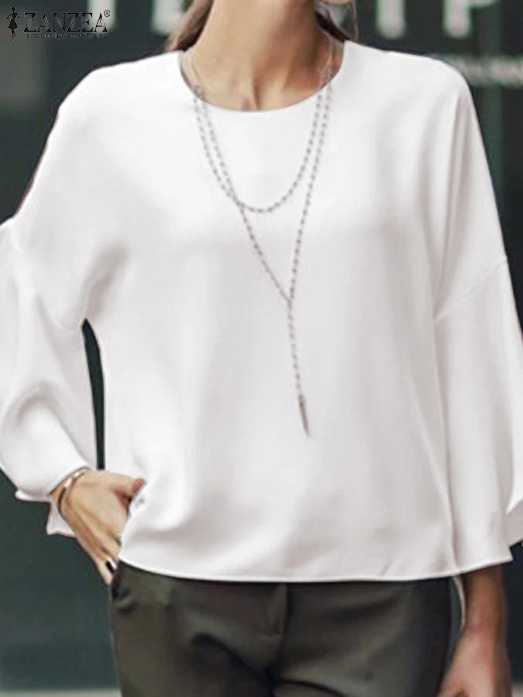 

ZANZEA 2023 Autumn Solid Color Chemise Women Flare Sleeve Blouse Casual Loose Round Neck Tops Tunic Fashion Korean Swing Shirts