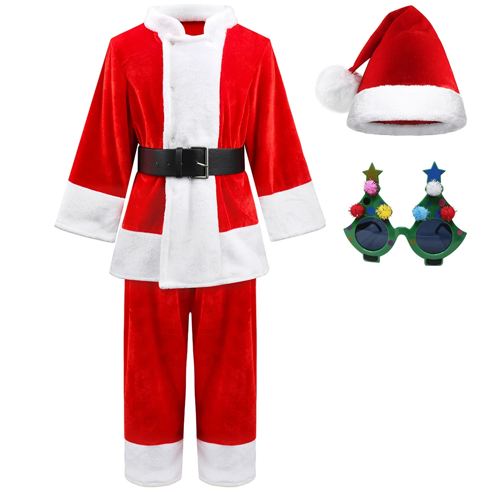Kids Santa Claus Costume Boys Santa Suit Outfit Child Jacket Coat With Pants Hat For Christmas Halloween Cosplay Party Outfits