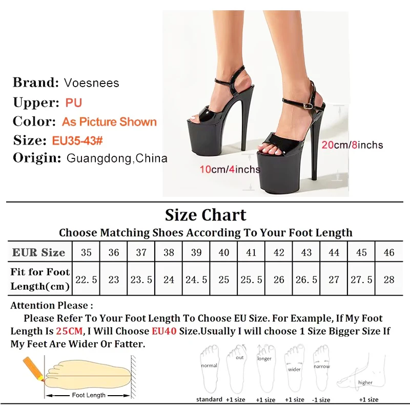 Black Women Shoes 20cm/8Inch Heel Black Sexy Super High Pole Dance Sandals Party High Heels  Platform Wedding Shoes Large Size
