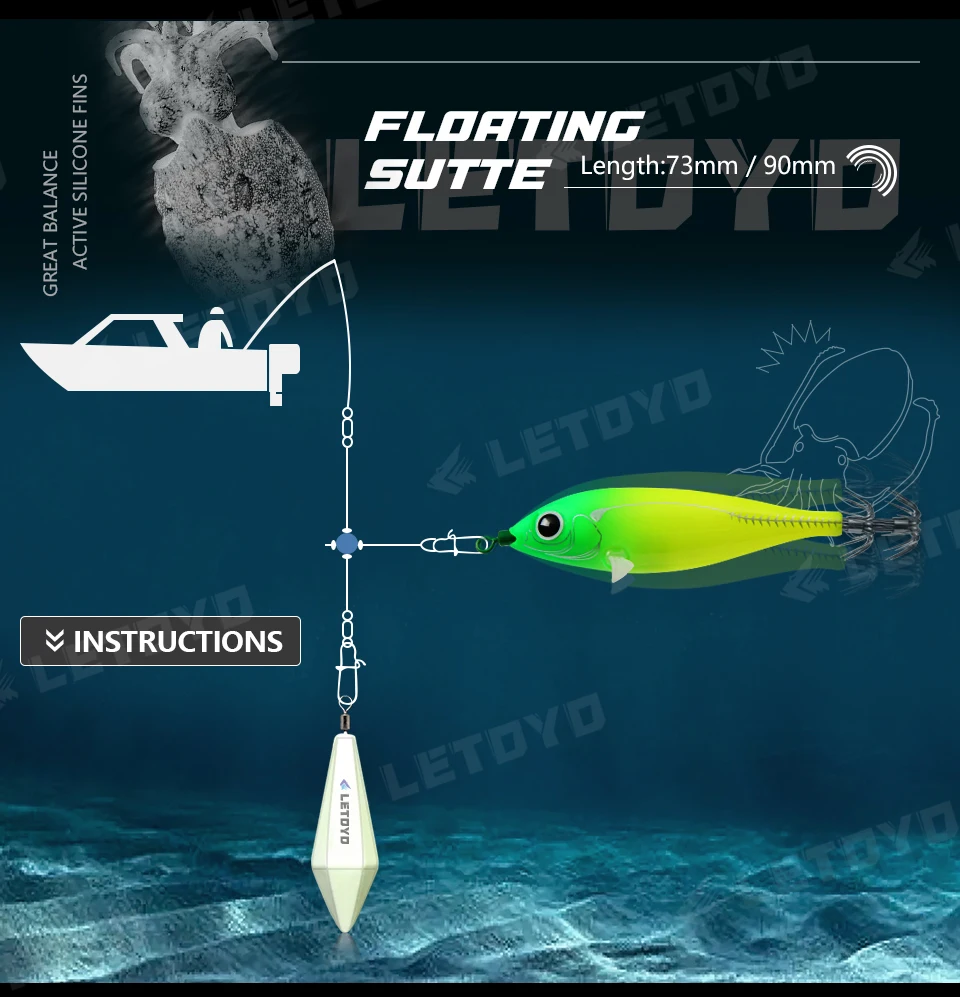 LETOYO 73/90 mm schwimmende Tintenfischköder, leuchtende Tintenfisch-Jig, künstlicher Köder für Tintenfisch, Webfuß, Oktopus, Meeresangelköder – Detail 11
