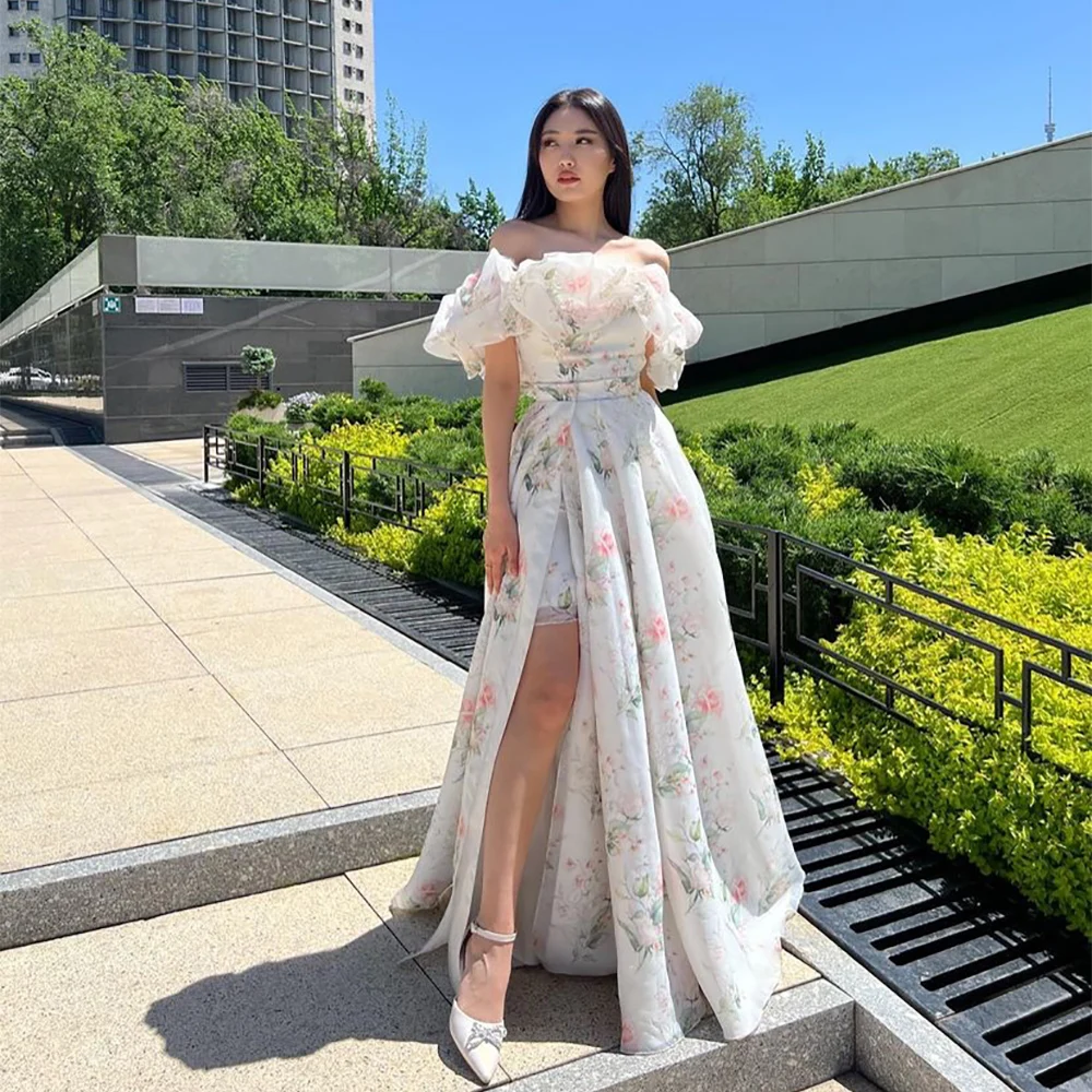 

Verngo Flower Printed Prom Gown Off The Shoulder Party Dress Removable Tail Evening Dress For Women A Line Russia Formal Dress