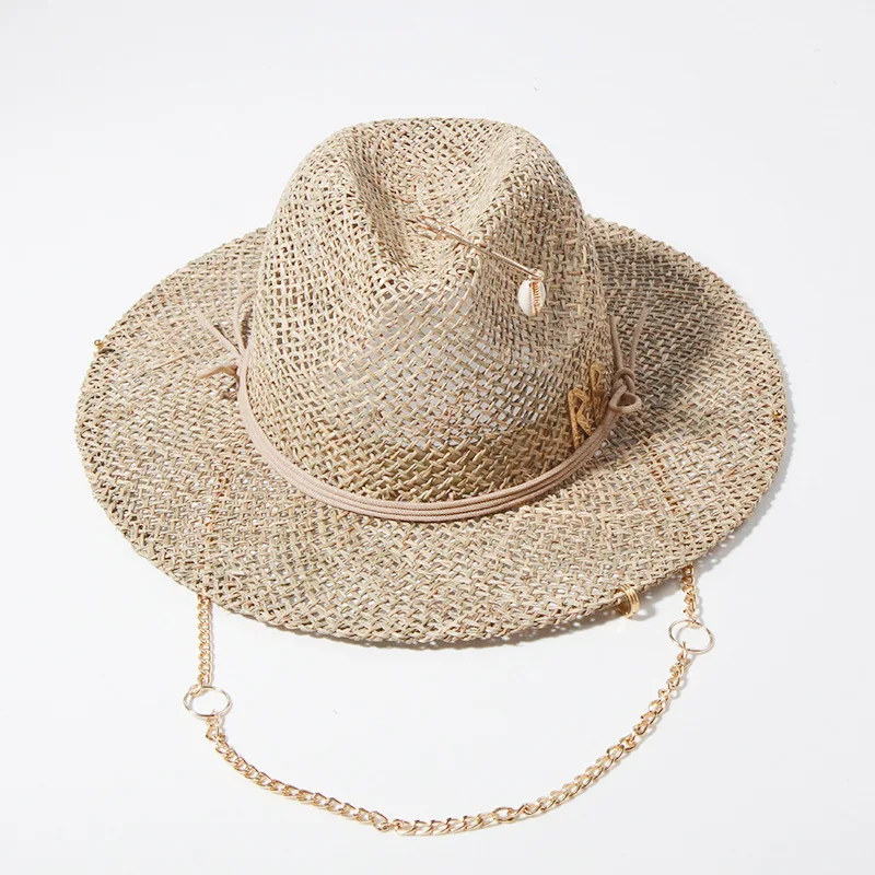 Women's Straw Sun Hat For Summer Beach With Decorative Letter Pin_voghion.com