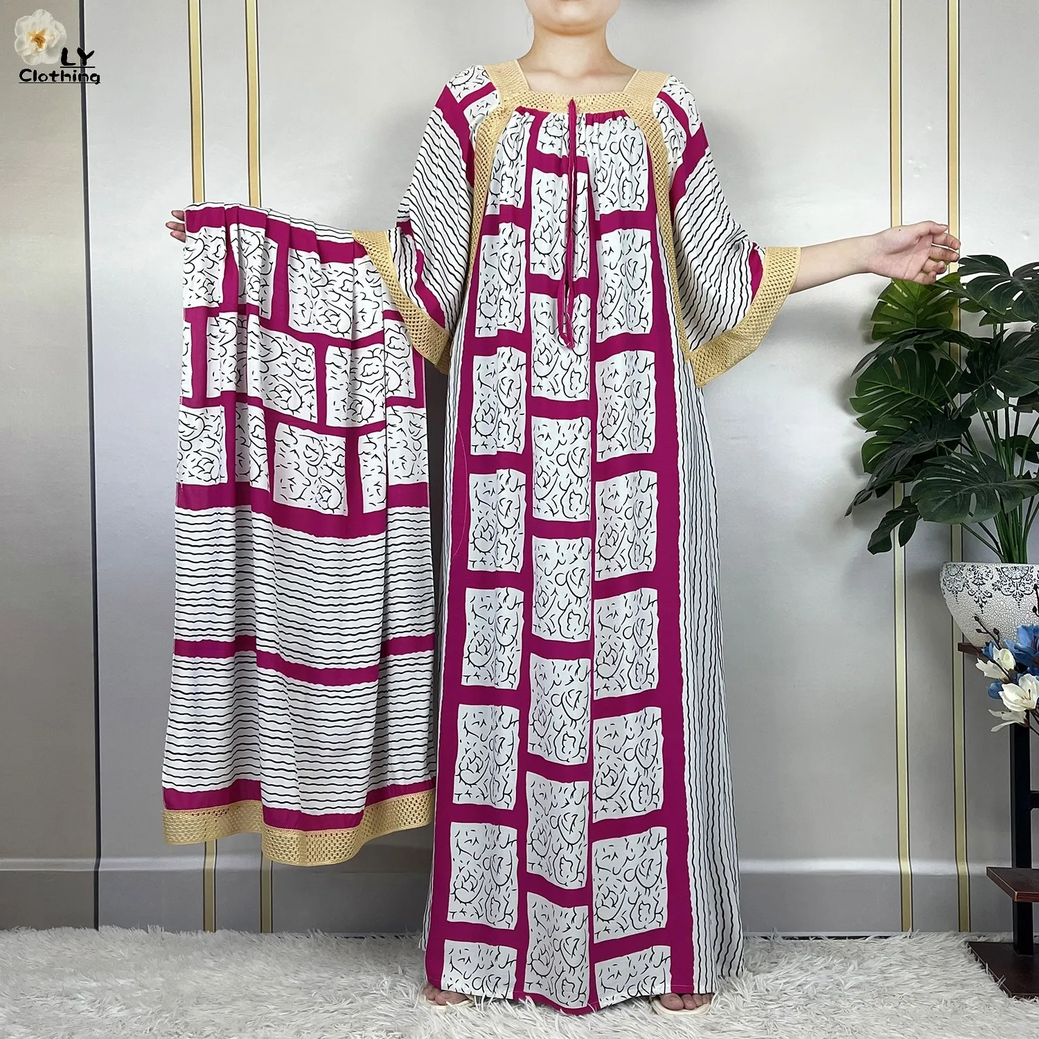 2023 New African Islam Summer Femme Short Sleeve Stripe Printing Loose Dubai Fashion Robe Muslim Women Dress With Large Scarf 2