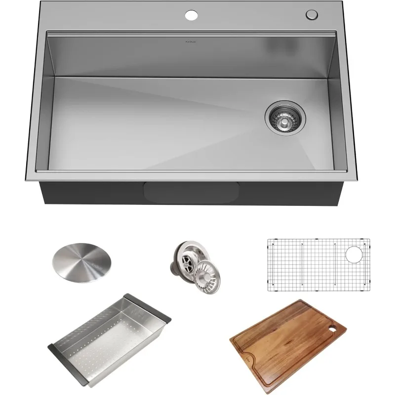 

Kitchen Stainless Steel Single Bowl Sink, 33" Inset, with Integrated Wall Rack and Fittings, Drainage Assembly with Strainer