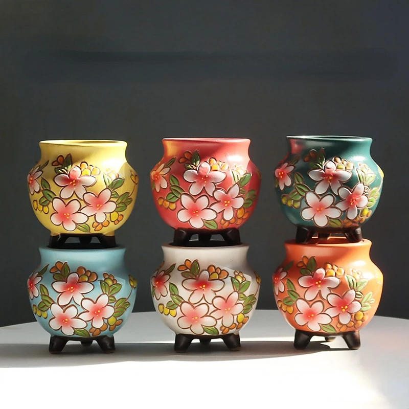 

Hand-Painted Succulent Flower Pot Stoneware Breathable Absorbent with Feet Set Combination Personalized Creative Pot