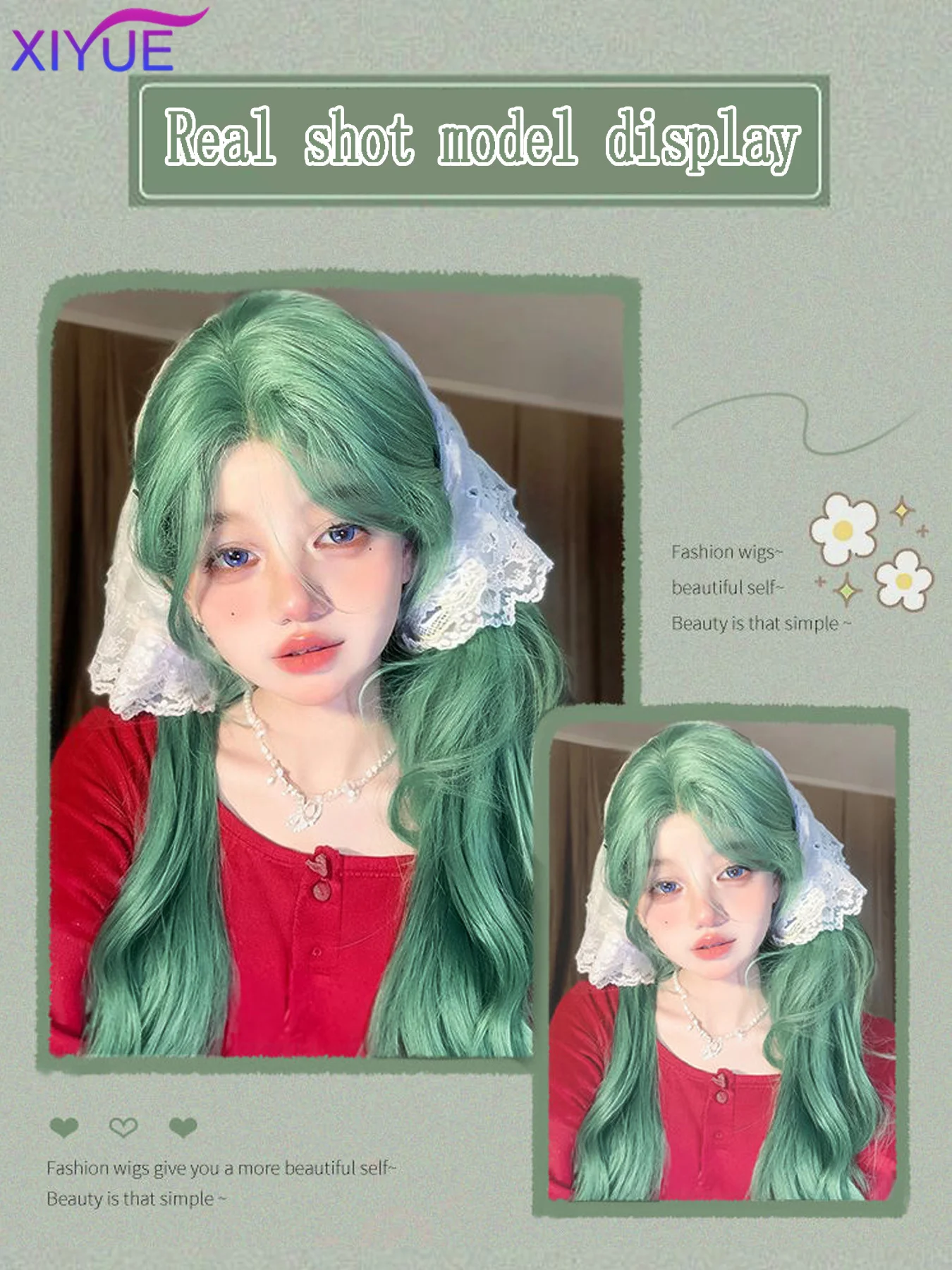 XIYUE Wig Women's Long Hair Mint Green Star Same Style Synthetic Long Curly Hair Versatile COS Full Head Set