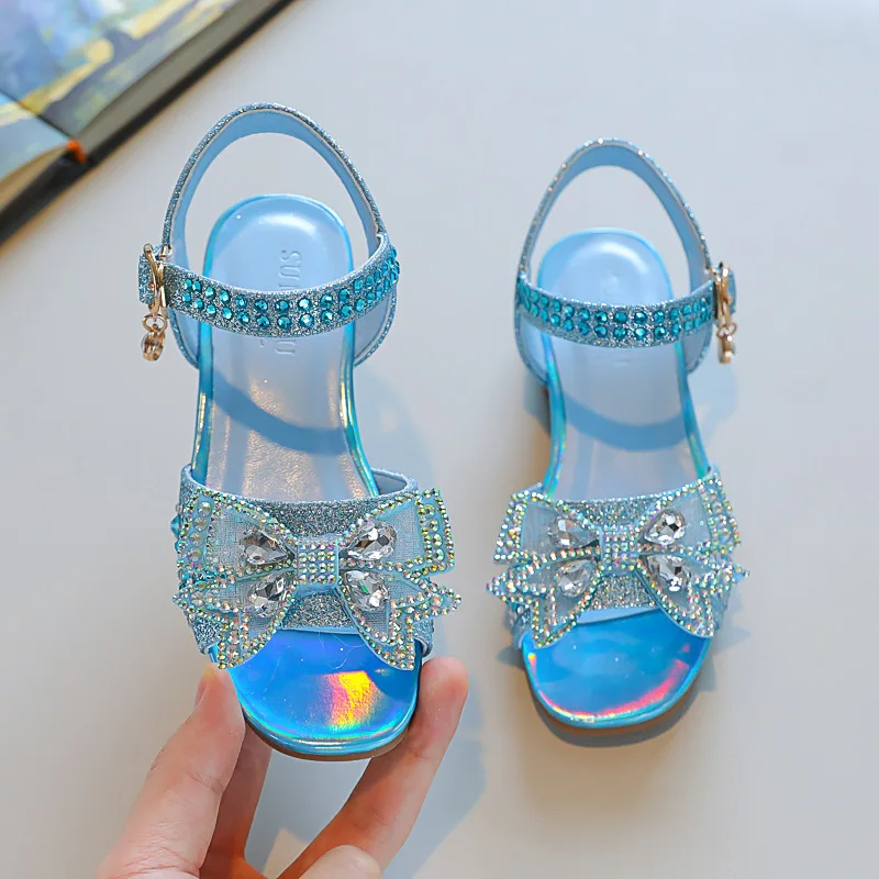 

Children Rhinestones Cystal Princess Shoes Big Girls Butterfly Blue Glitter Performance Sandals New Top Quality 5 8 10 12 Years