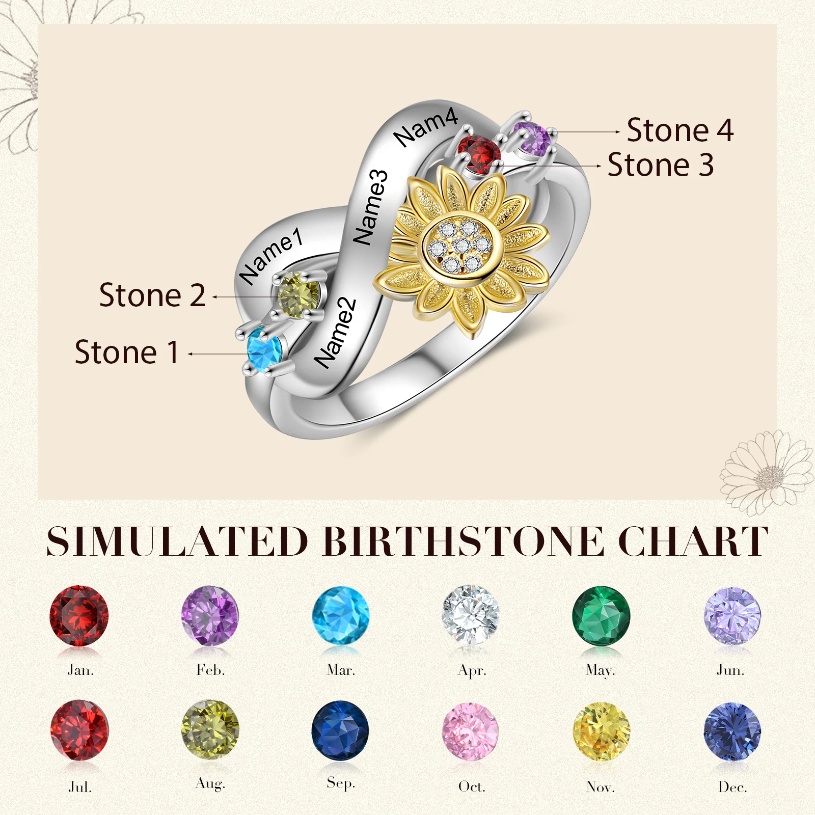Personalized Infinity Sunflower Birthstone Rings 3 | Personalized Infinity Sunflower Birthstone Rings 2